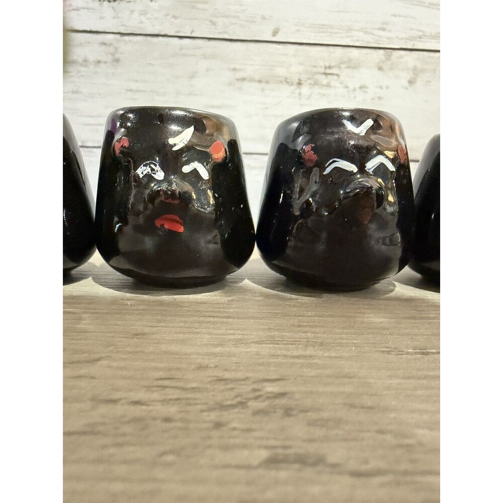 Vintage Skunk Redware Sake Cups or Shot Glasses w/Handles Hand Painted Japan